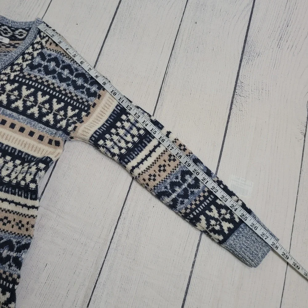 Madewell‎ XS Fair Isle Sweater Womens Blue Tan Wool Blend V-Neck Pullover
